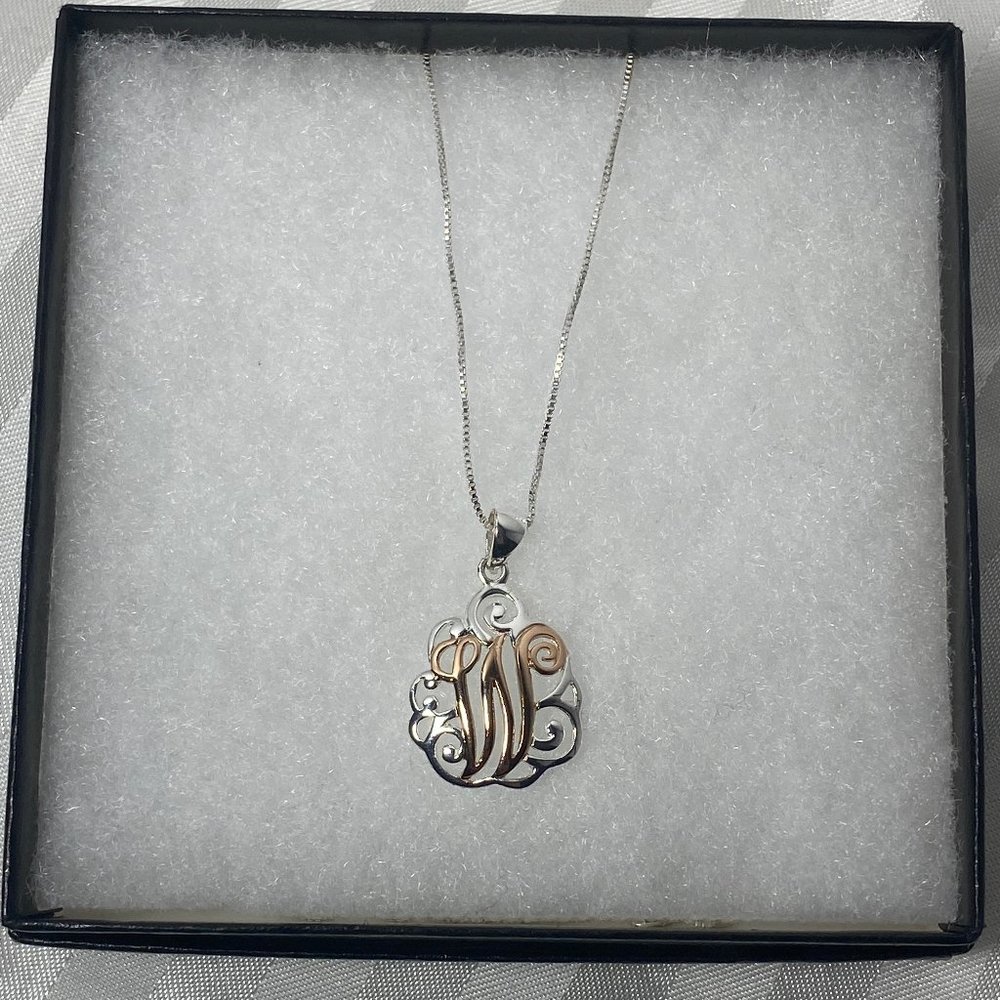 New Sterling Silver & Rose Gold script monogram “W” Necklace in Box
